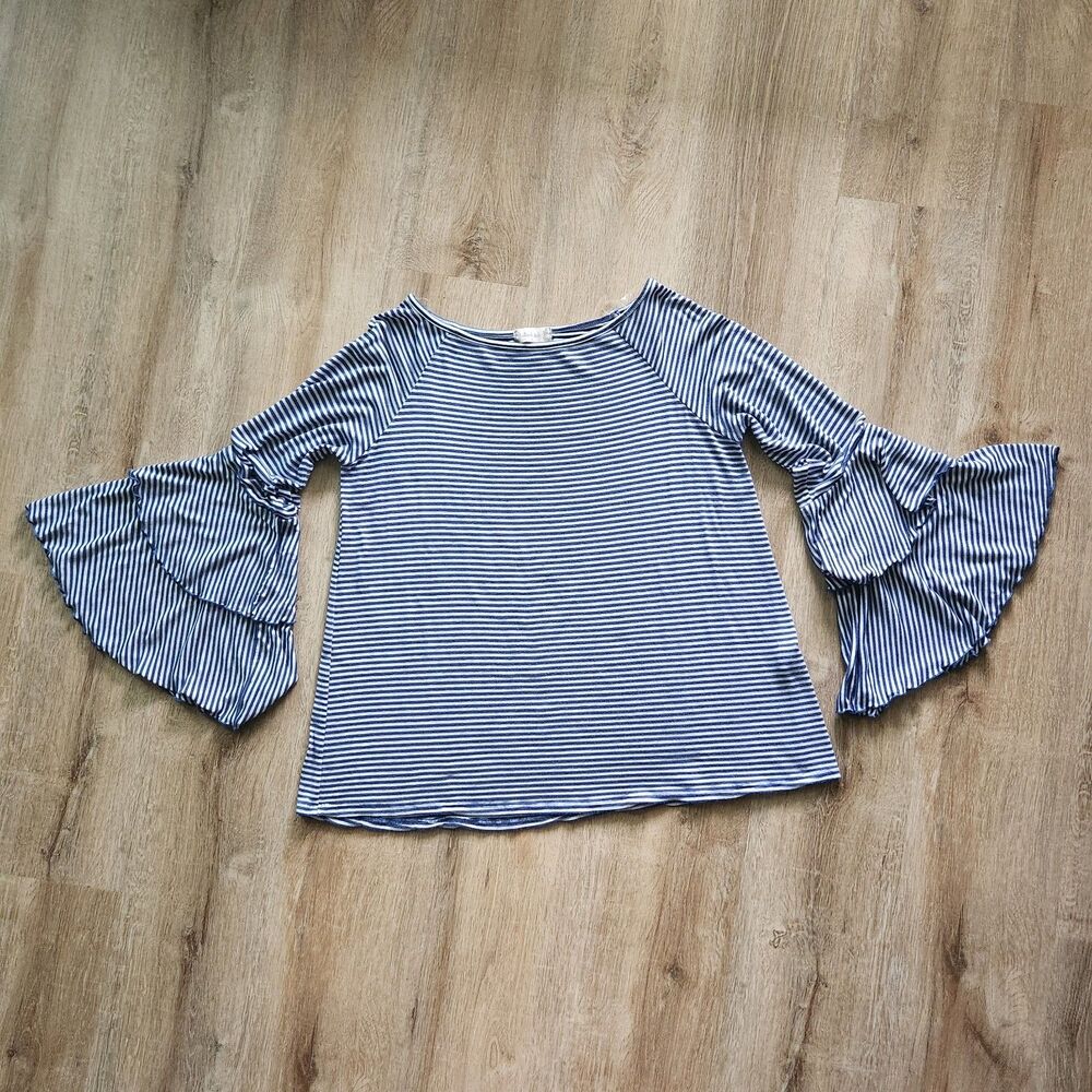 Altar’d State Womens Large Off Shoulder Bell Sleeve Striped Top Blue White Boho